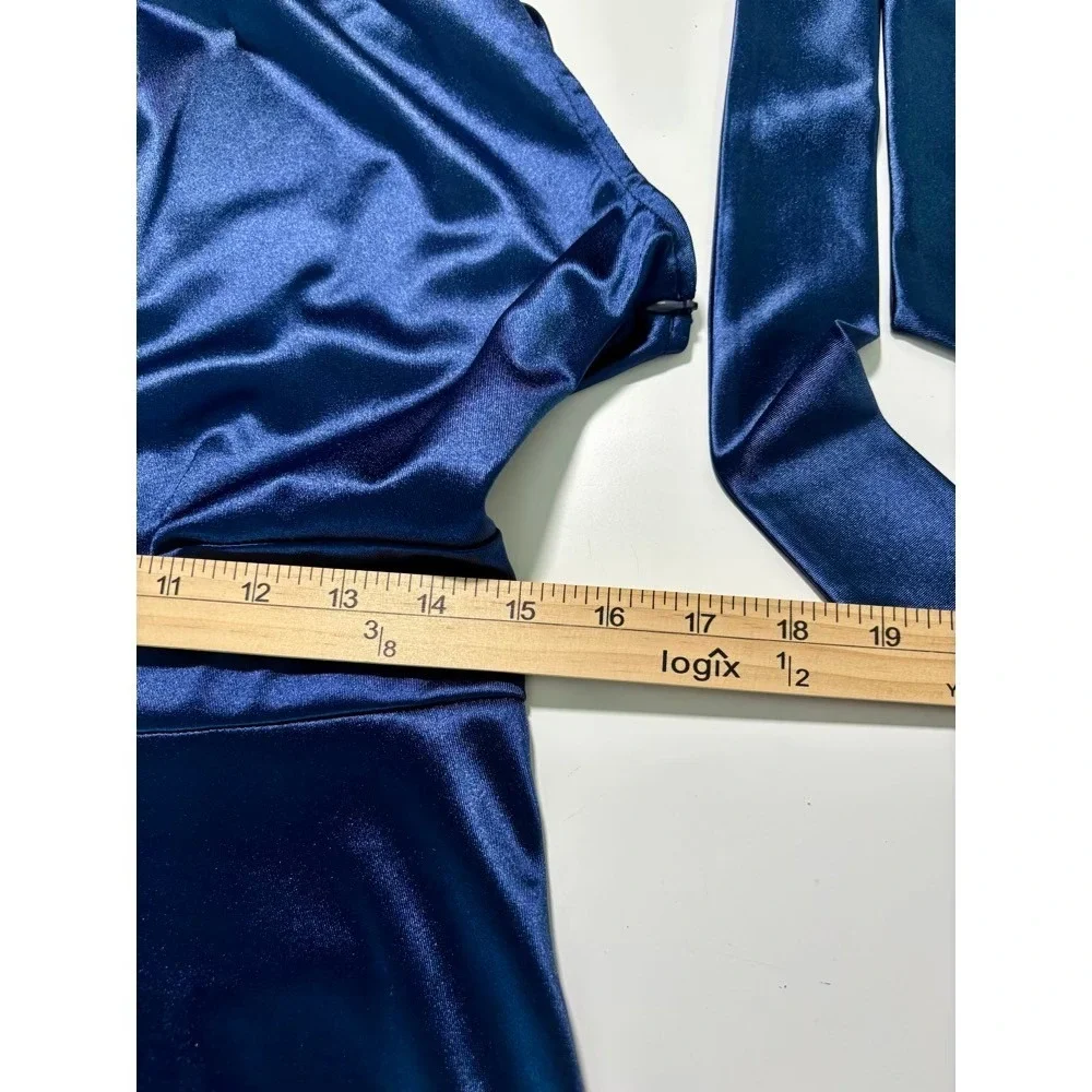 NWT Haisora Blue Satin Halter Neck Maxi Dress‎ Bow Tie Detail Sz XL Prom Formal